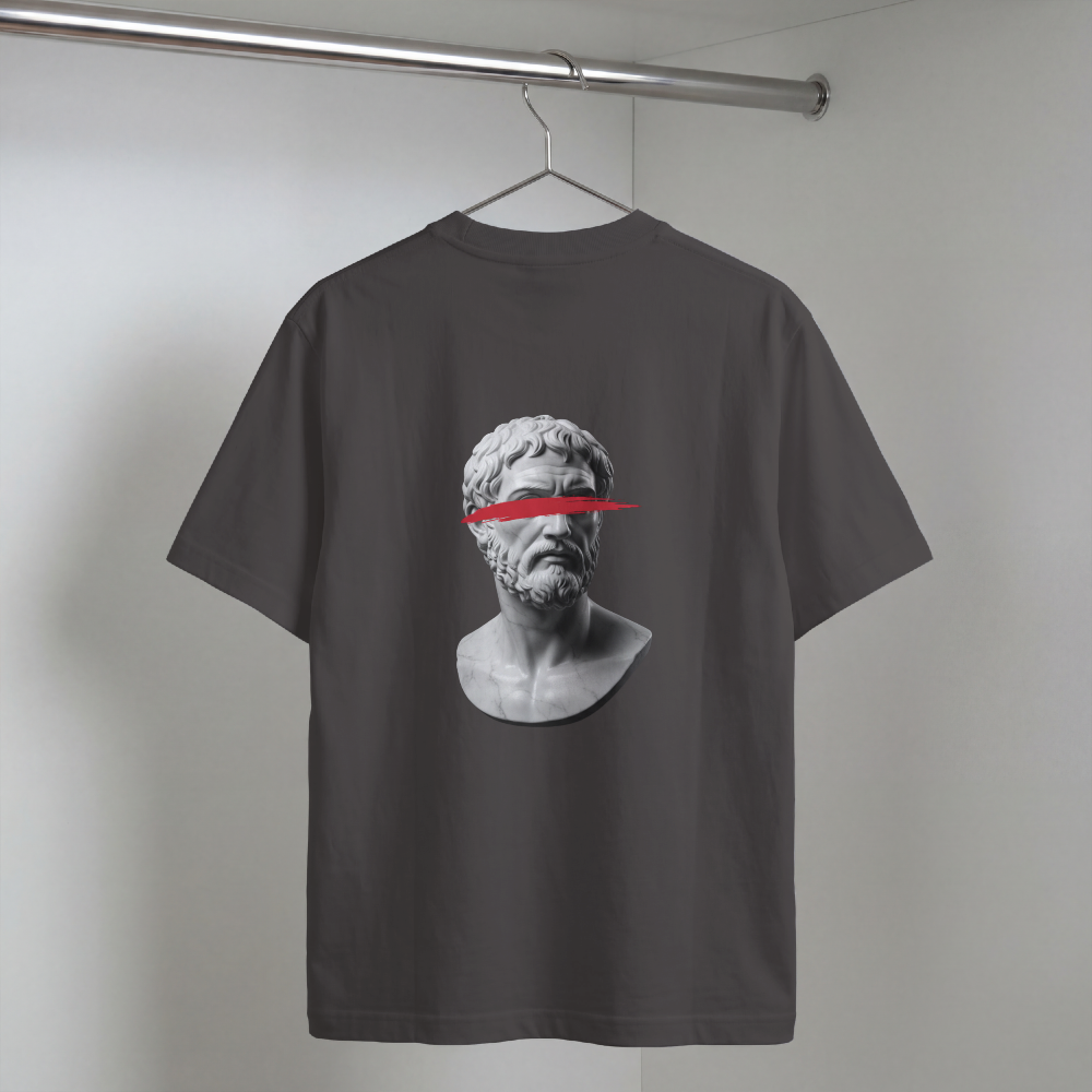 Classical bust struck by a single red brushstroke on the back of a garment-dyed cotton tee