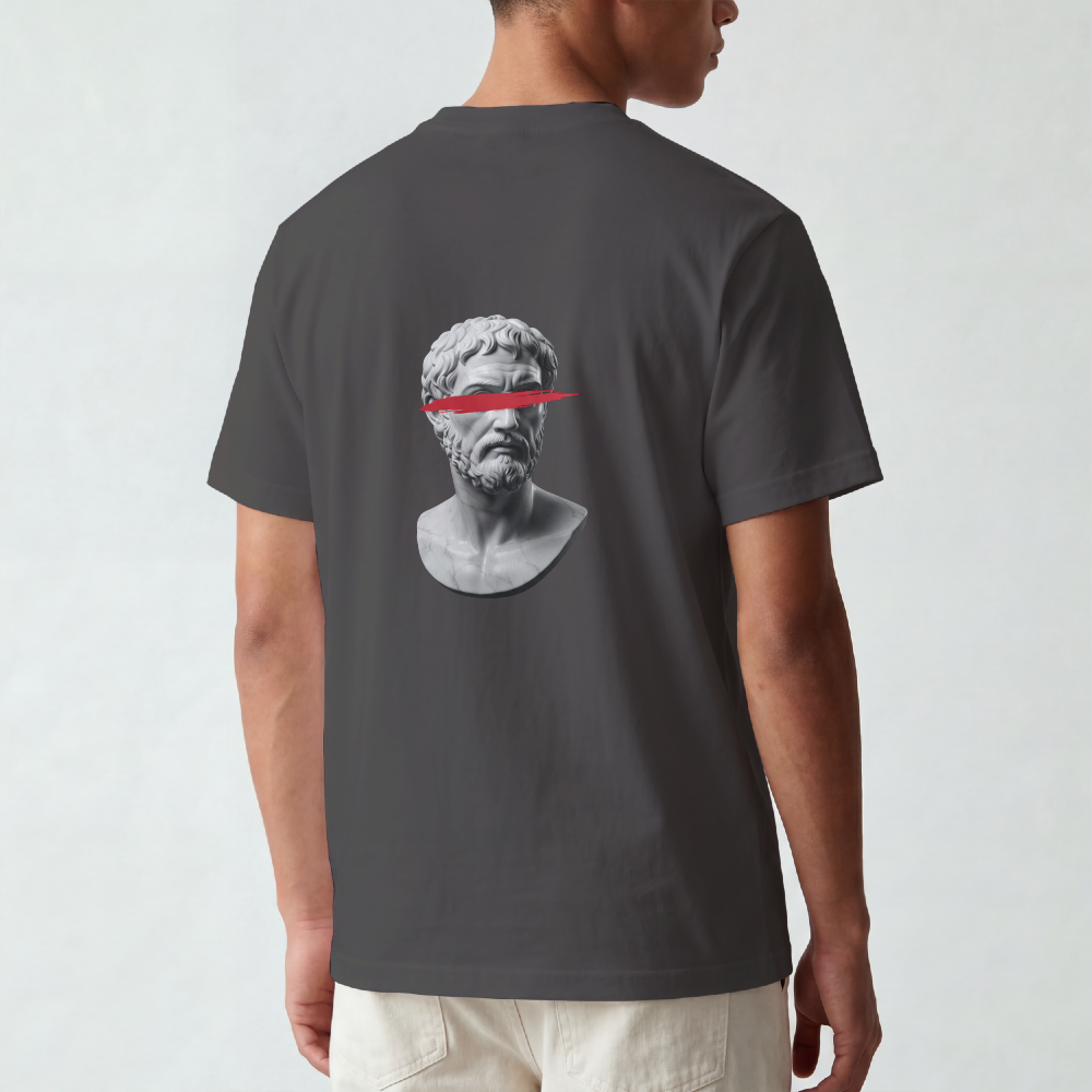 Classical bust struck by a single red brushstroke on the back of a garment-dyed cotton tee