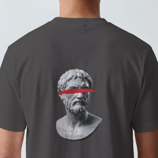 Classical bust struck by a single red brushstroke on the back of a garment-dyed cotton tee