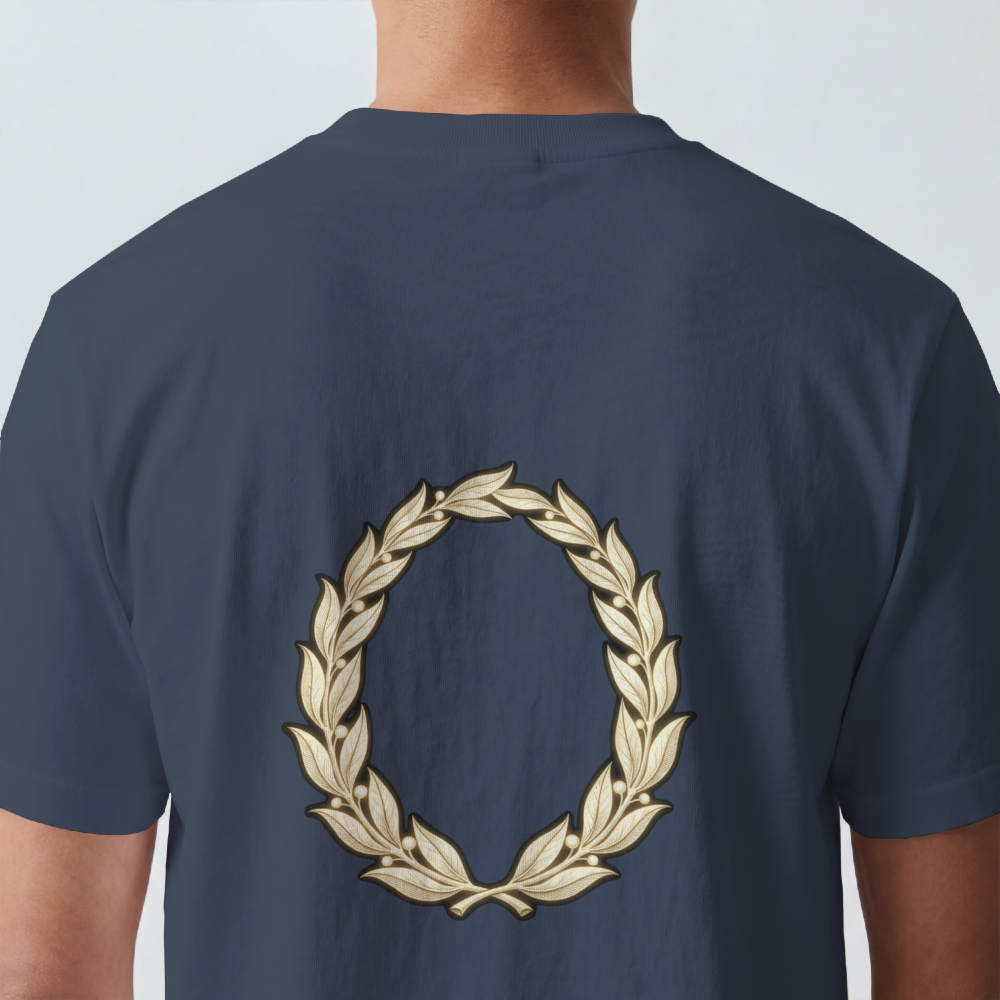 Hand-drawn gold laurel wreath printed on the back of a garment-dyed heavyweight cotton tee