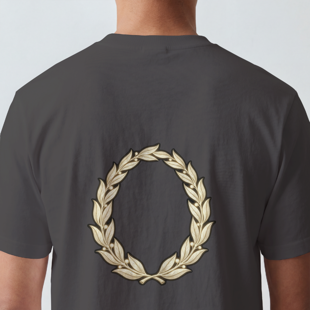 Hand-drawn gold laurel wreath printed on the back of a garment-dyed heavyweight cotton tee