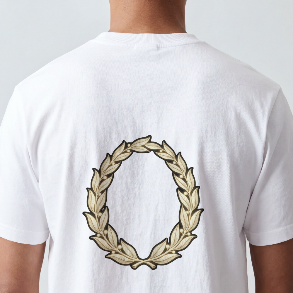 Hand-drawn gold laurel wreath printed on the back of a garment-dyed heavyweight cotton tee