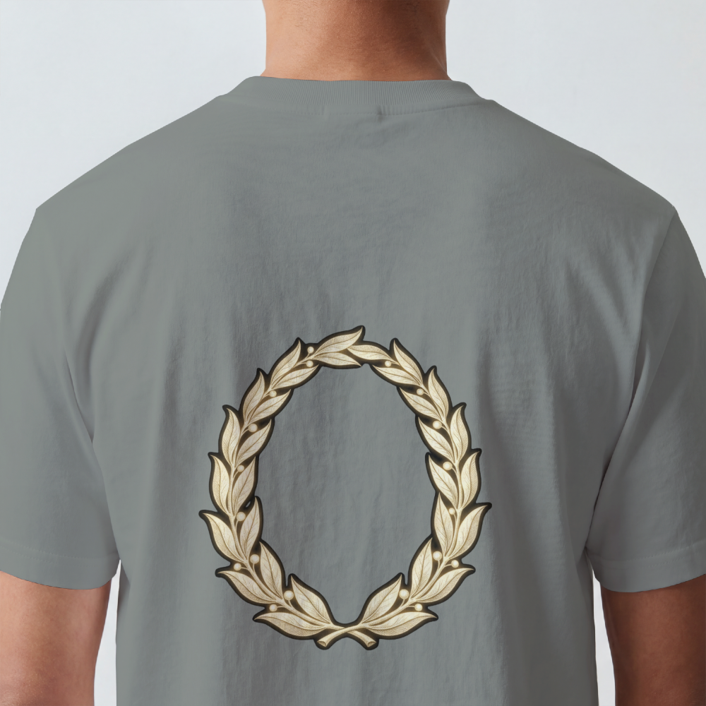Hand-drawn gold laurel wreath printed on the back of a garment-dyed heavyweight cotton tee