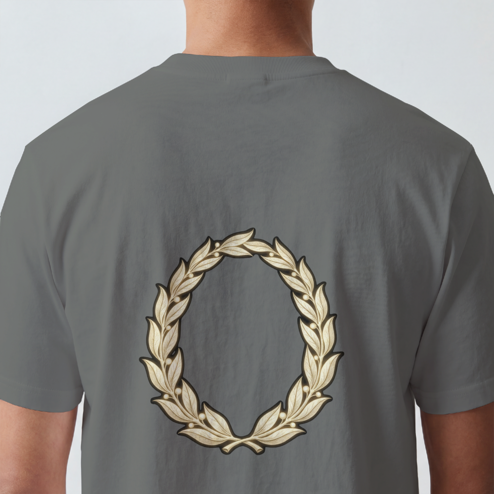 Hand-drawn gold laurel wreath printed on the back of a garment-dyed heavyweight cotton tee