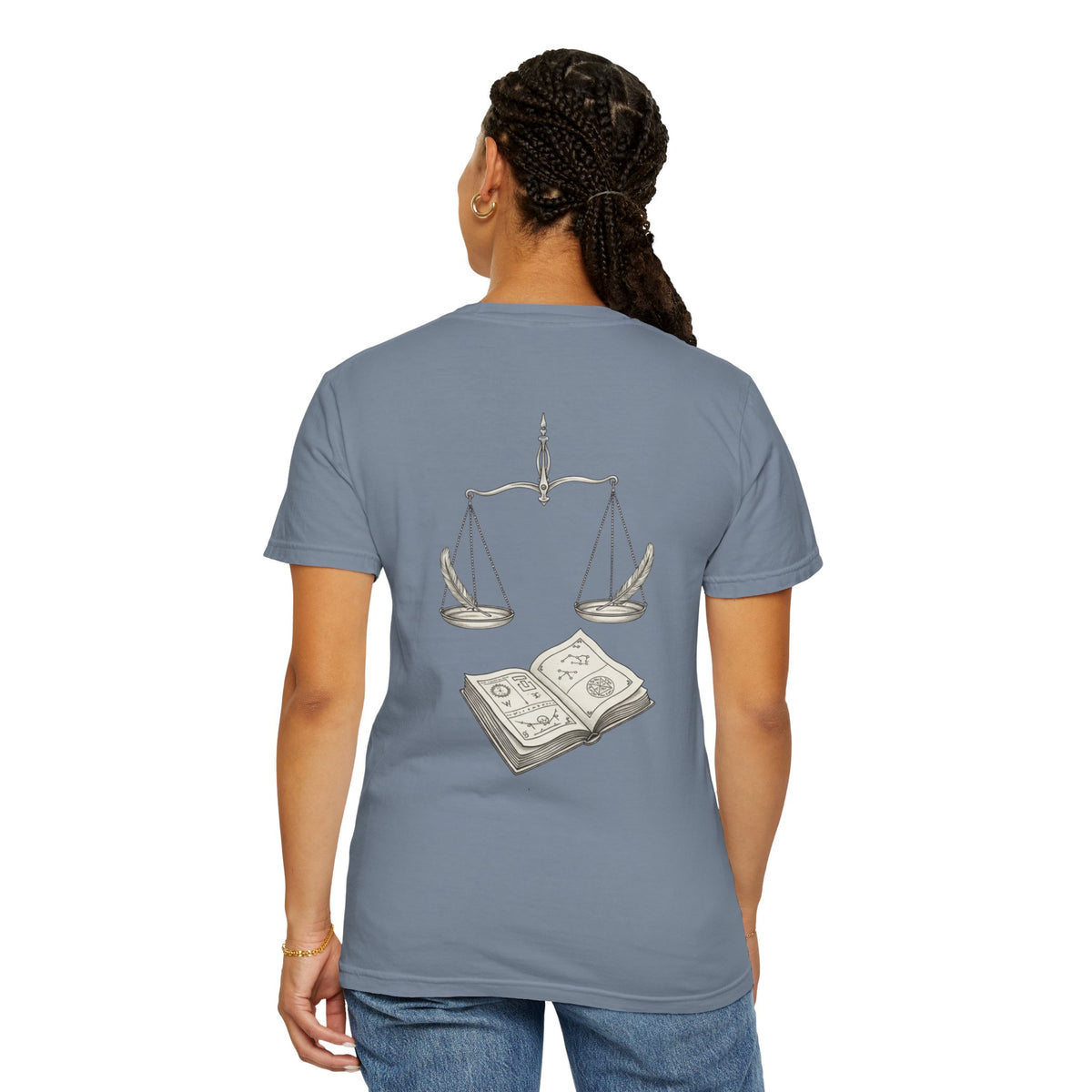 Libra Zodiac Tee — Scales and Book Astrology Graphic Shirt