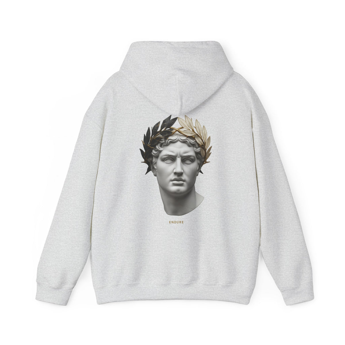 Marble bust crowned with laurel printed on the back of a heavyweight cotton-blend hoodie