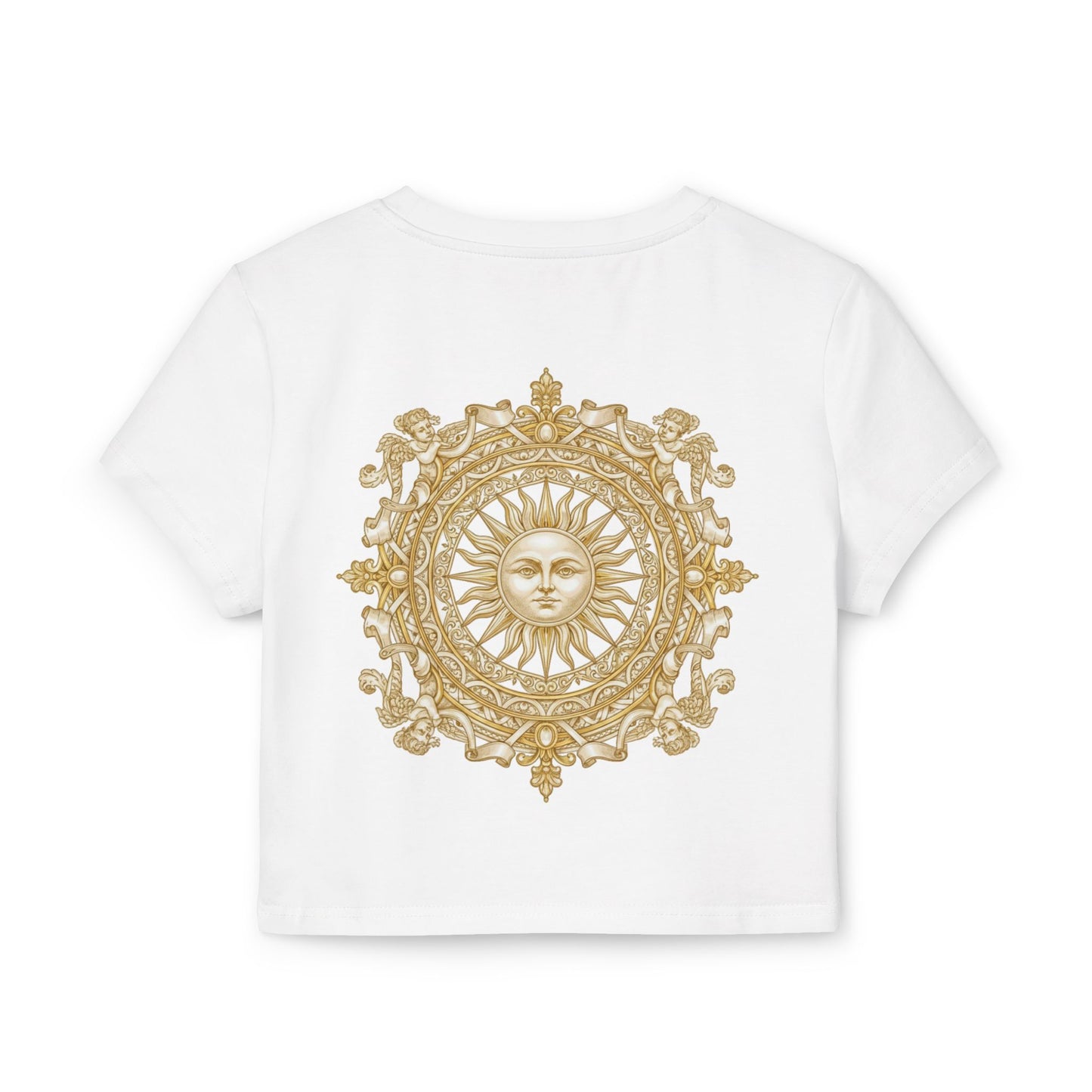 Gold sun medallion printed on the back of a cropped organic cotton baby tee