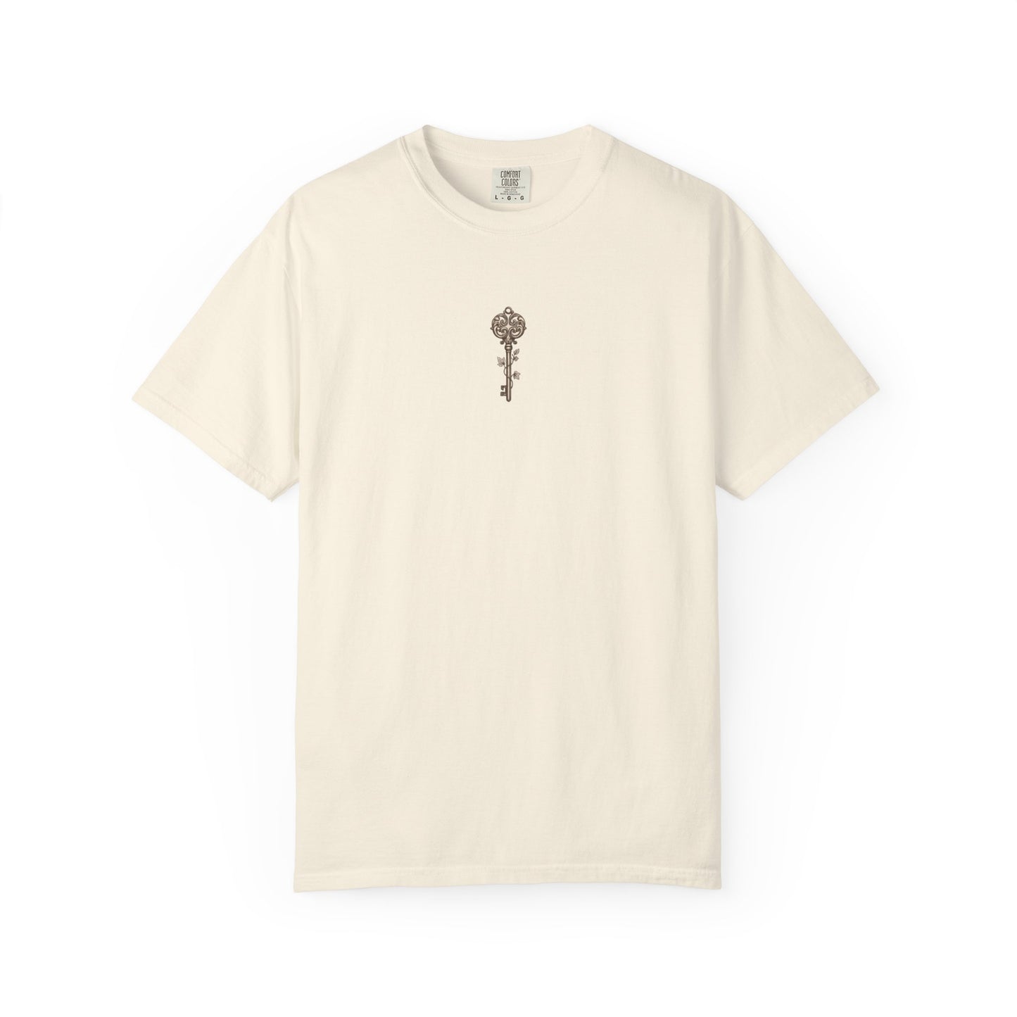 Weathered nautical compass rose printed on the back of a garment-dyed heavyweight cotton tee