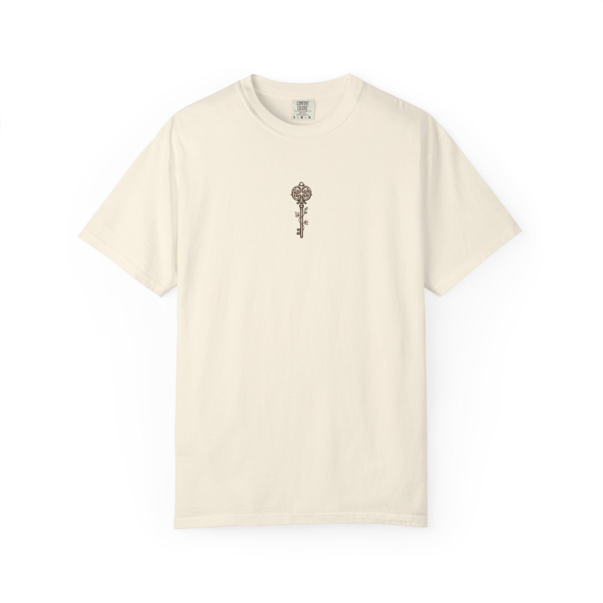 Weathered nautical compass rose printed on the back of a garment-dyed heavyweight cotton tee