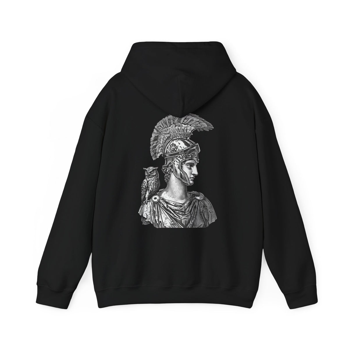 Athena Helmet Hoodie with Owl Illustration — Mythology Graphic Sweatshirt