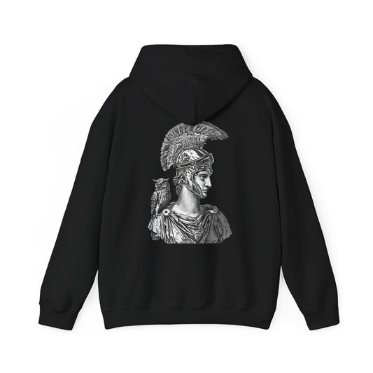 Athena Helmet Hoodie with Owl Illustration — Mythology Graphic Sweatshirt