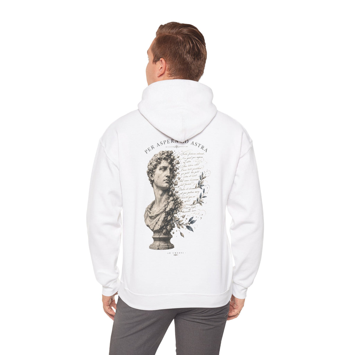 Classical bust with faded Per Aspera Ad Astra script printed on the back of a heavyweight cotton-blend hoodie