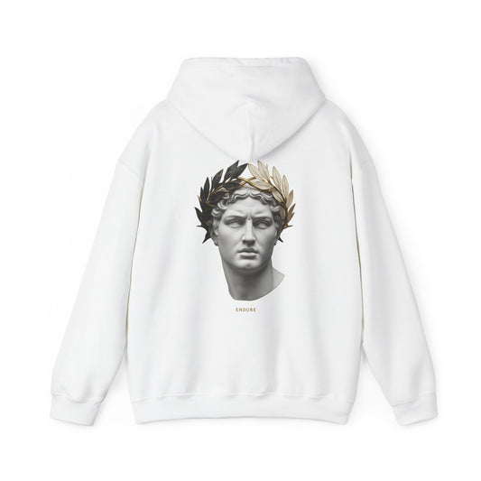 Marble bust crowned with laurel printed on the back of a heavyweight cotton-blend hoodie