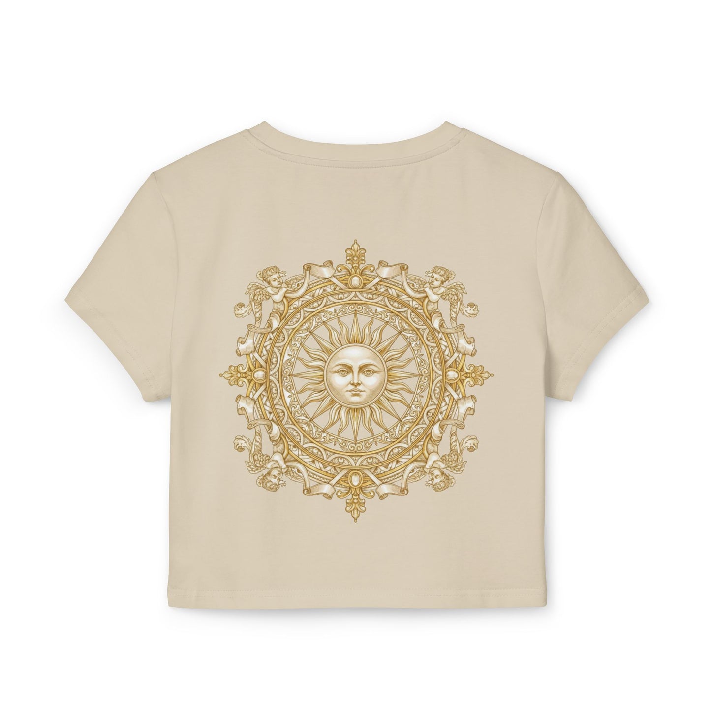 Gold sun medallion printed on the back of a cropped organic cotton baby tee