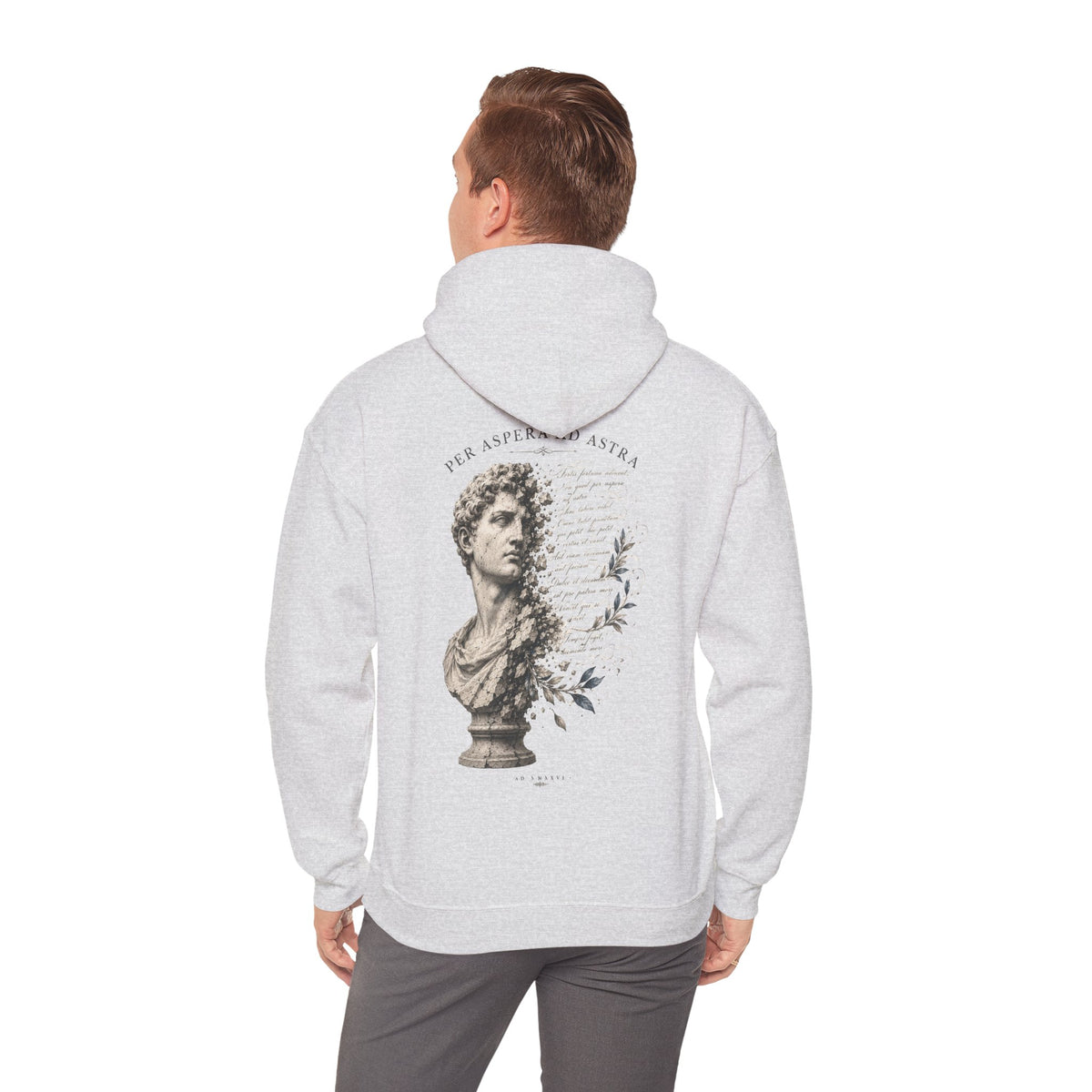 Classical bust with faded Per Aspera Ad Astra script printed on the back of a heavyweight cotton-blend hoodie