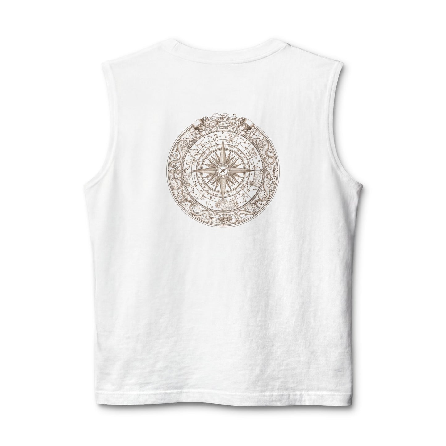 Nautical compass rose printed on the back of a ring-spun cotton muscle tank