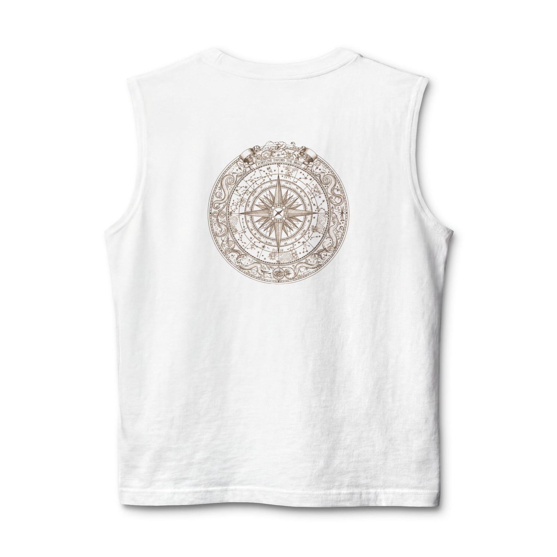 Nautical compass rose printed on the back of a ring-spun cotton muscle tank