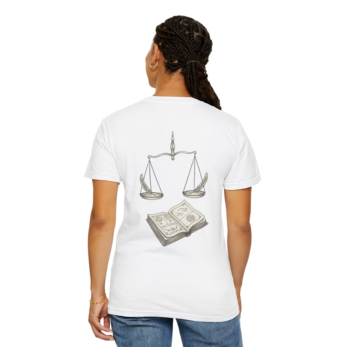 Libra Zodiac Tee — Scales and Book Astrology Graphic Shirt