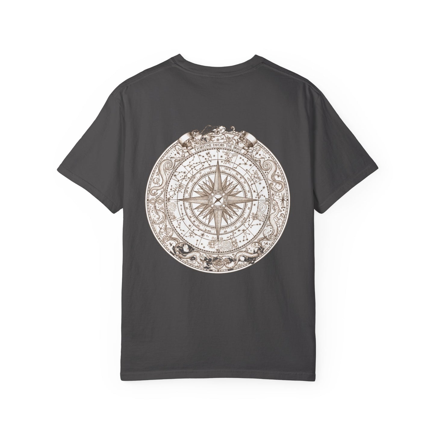 Weathered nautical compass rose printed on the back of a garment-dyed heavyweight cotton tee