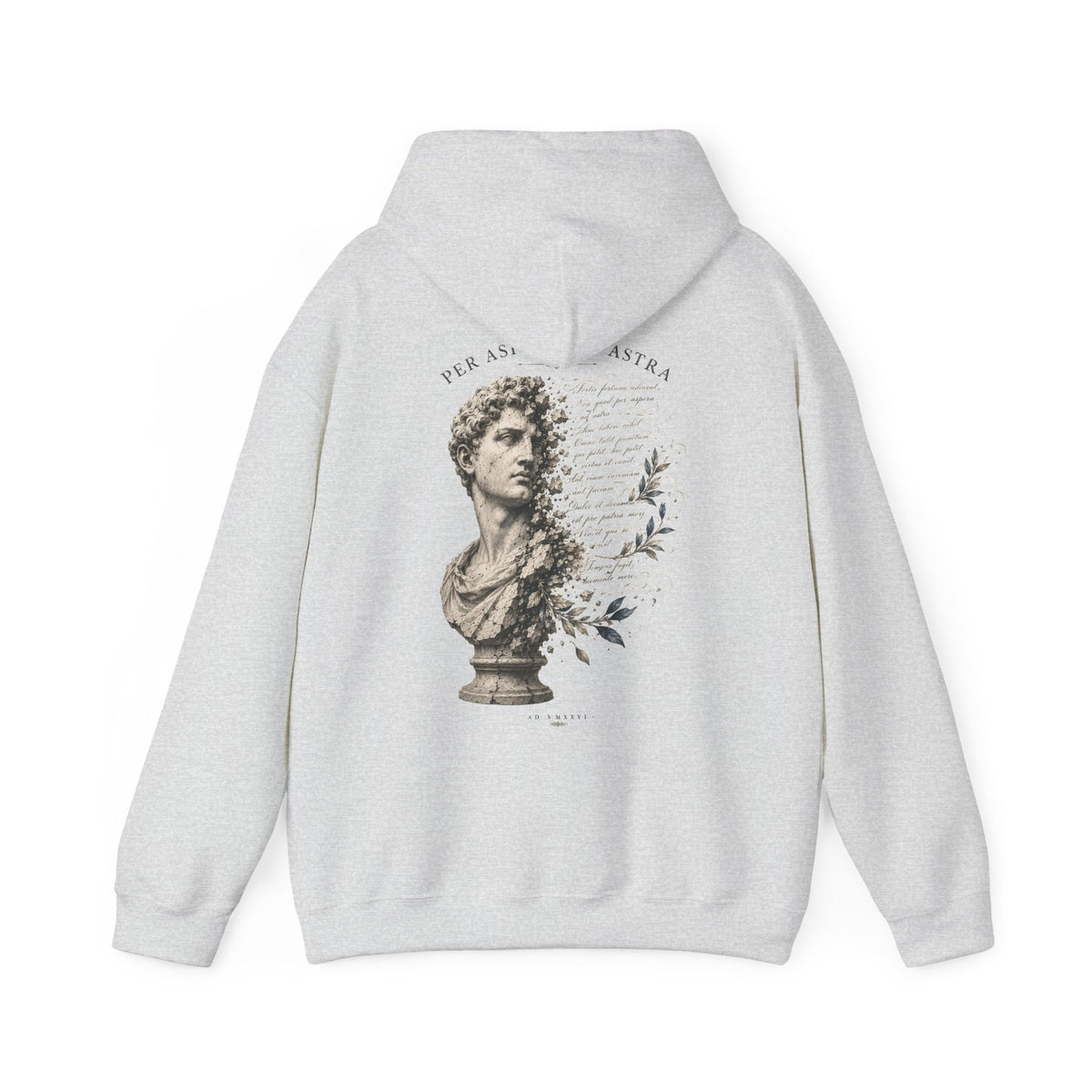 Classical bust with faded Per Aspera Ad Astra script printed on the back of a heavyweight cotton-blend hoodie
