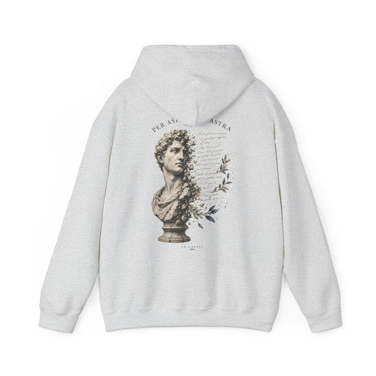 Classical bust with faded Per Aspera Ad Astra script printed on the back of a heavyweight cotton-blend hoodie
