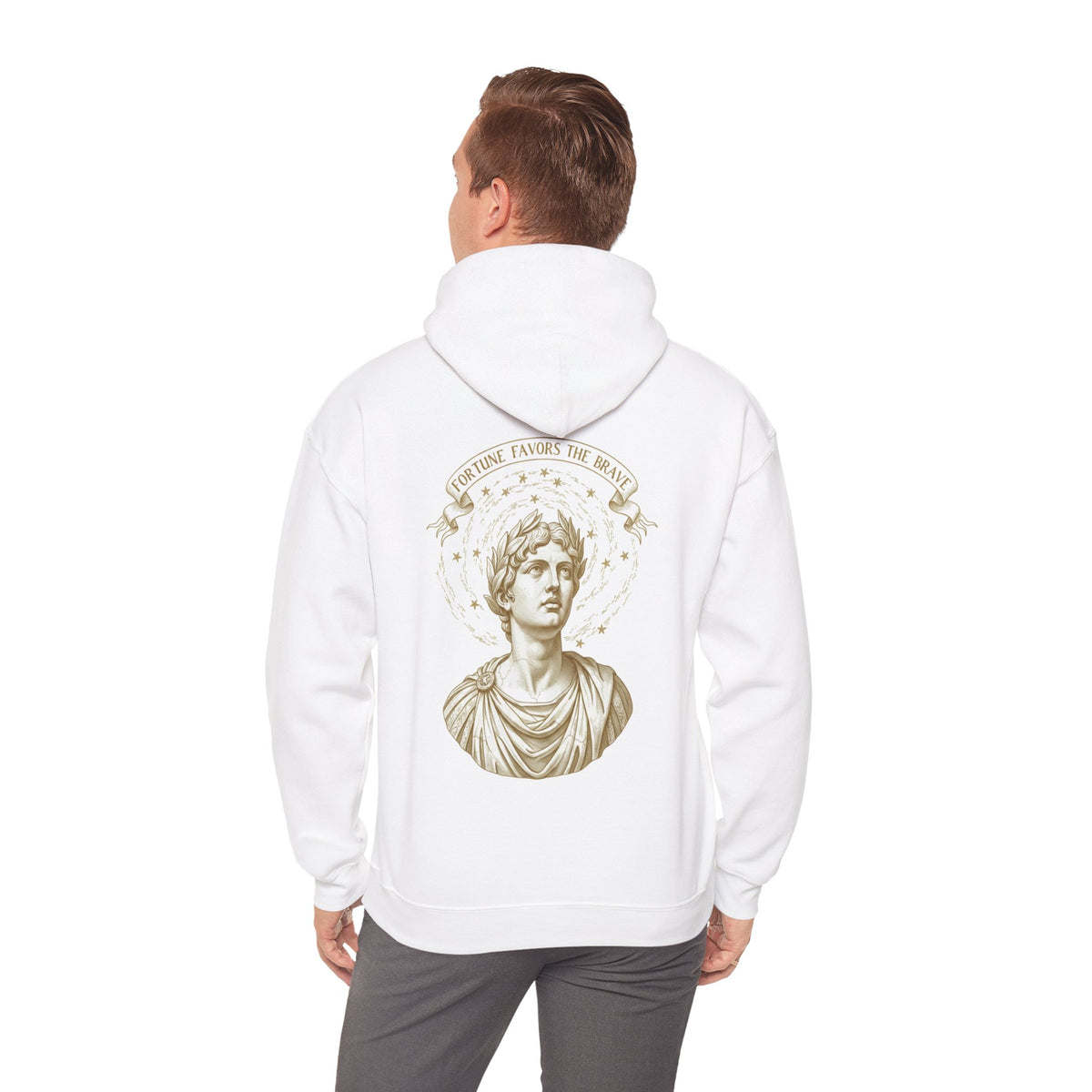 Sepia classical bust with a sacrifice banner printed on the back of a heavyweight cotton-blend hoodie