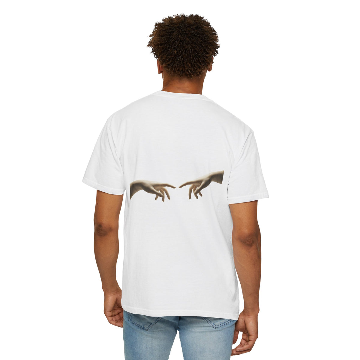 Reaching Hands Tee — Minimalist Classical Art Back Print