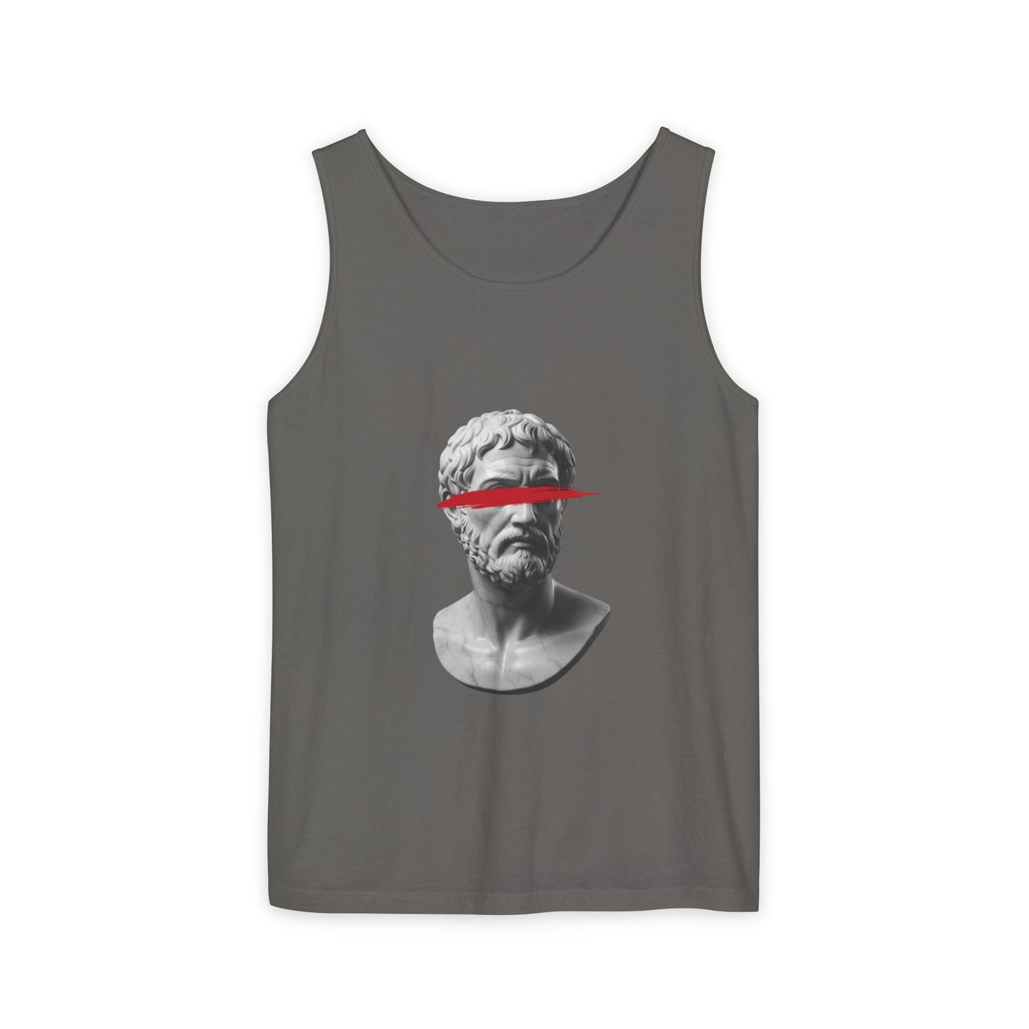 Vintage compass and map printed on the back of a garment-dyed heavyweight cotton tank top
