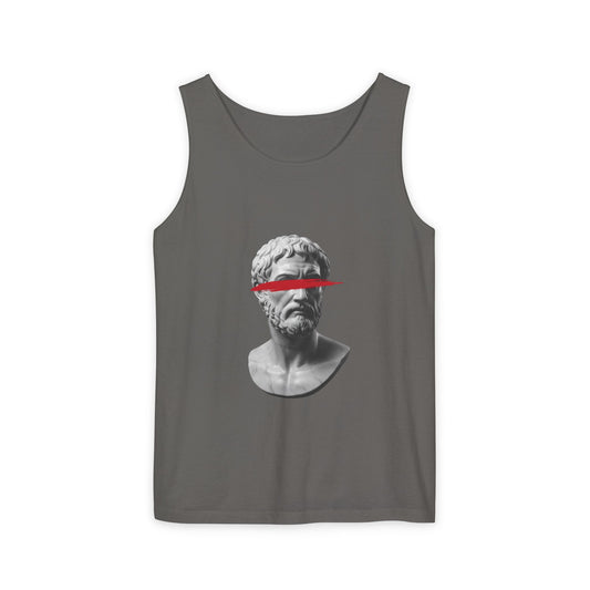 Vintage compass and map printed on the back of a garment-dyed heavyweight cotton tank top