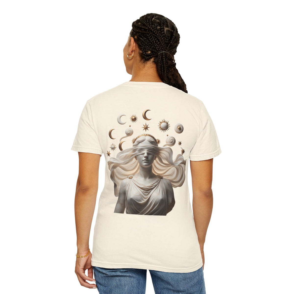 Moon Phases Tee — Blindfolded Goddess Celestial Back Print