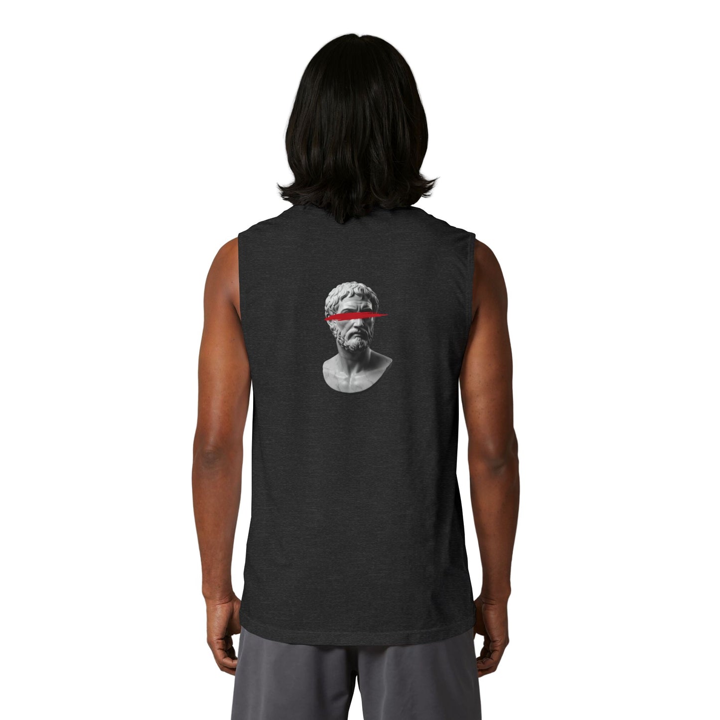 Classical bust with a red brushstroke printed on the back of a ring-spun cotton tank top