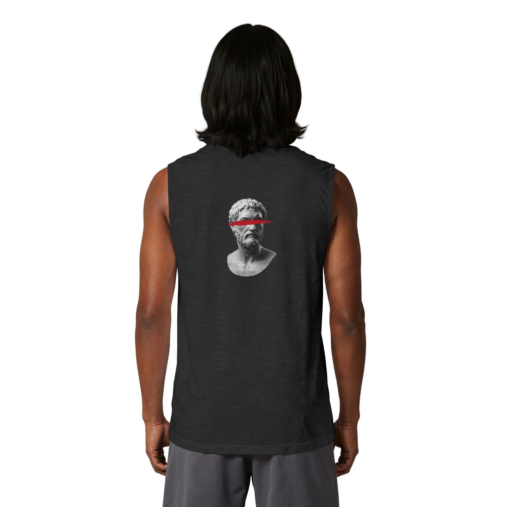 Classical bust with a red brushstroke printed on the back of a ring-spun cotton tank top
