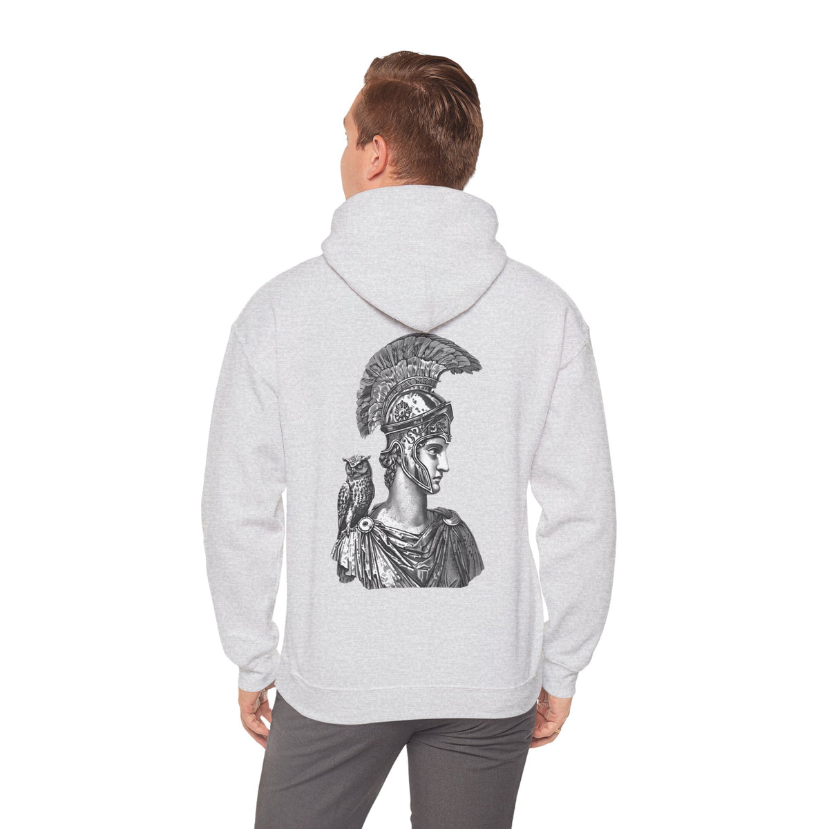 Athena Helmet Hoodie with Owl Illustration — Mythology Graphic Sweatshirt