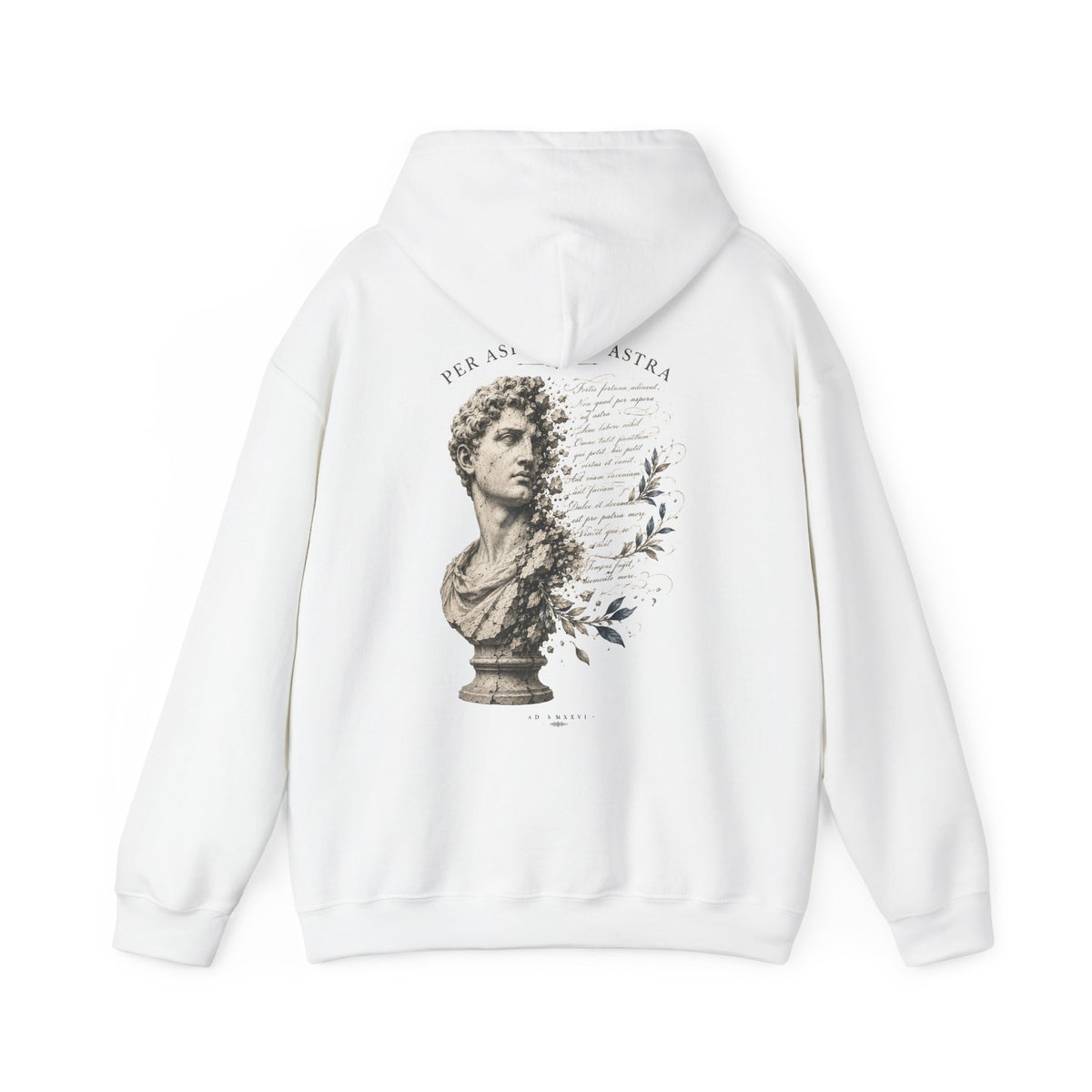 Classical bust with faded Per Aspera Ad Astra script printed on the back of a heavyweight cotton-blend hoodie