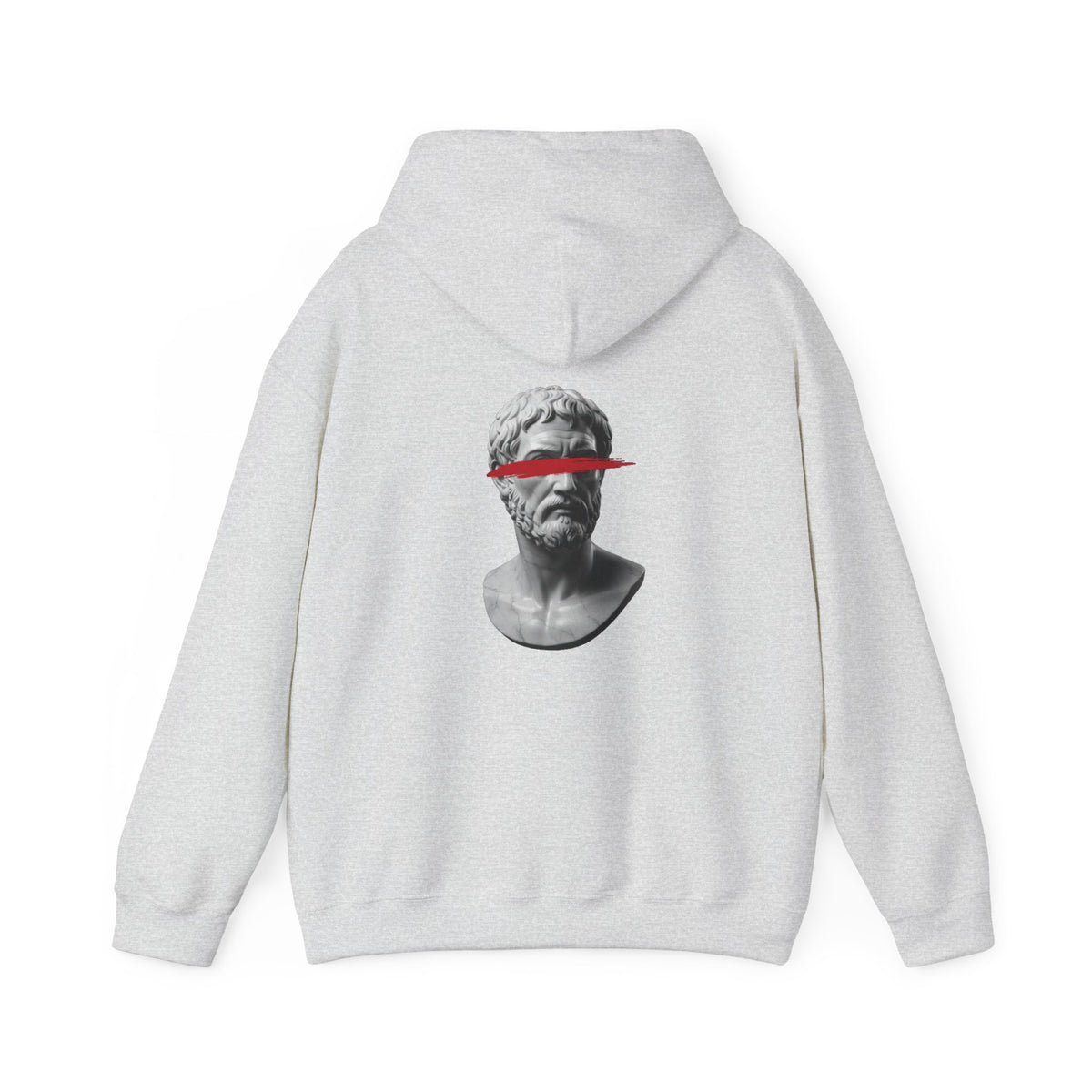Classical marble bust struck by a red slash printed on the back of a heavyweight cotton-blend hoodie