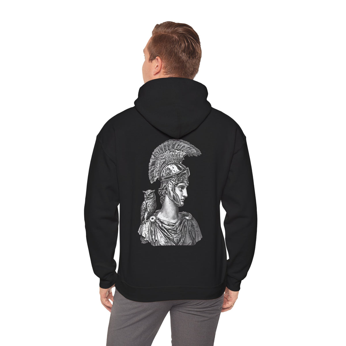 Athena Helmet Hoodie with Owl Illustration — Mythology Graphic Sweatshirt
