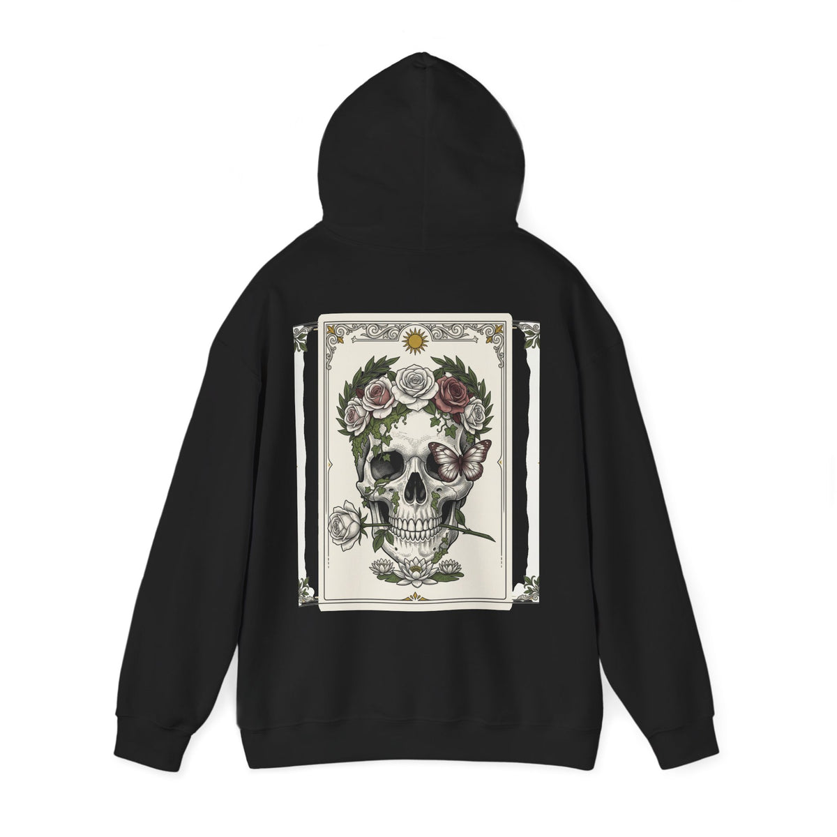 Floral skull framed by roses printed on the back of a heavyweight cotton-blend hoodie