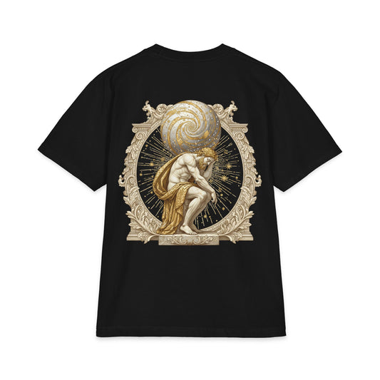 Classical figure bearing a globe printed on the back of a heavyweight oversized cotton tee