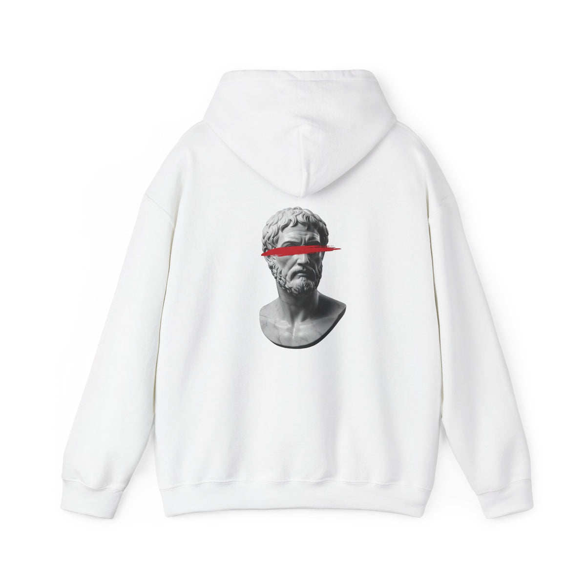Classical marble bust struck by a red slash printed on the back of a heavyweight cotton-blend hoodie