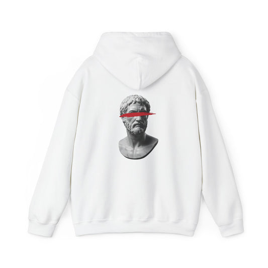 Classical marble bust struck by a red slash printed on the back of a heavyweight cotton-blend hoodie