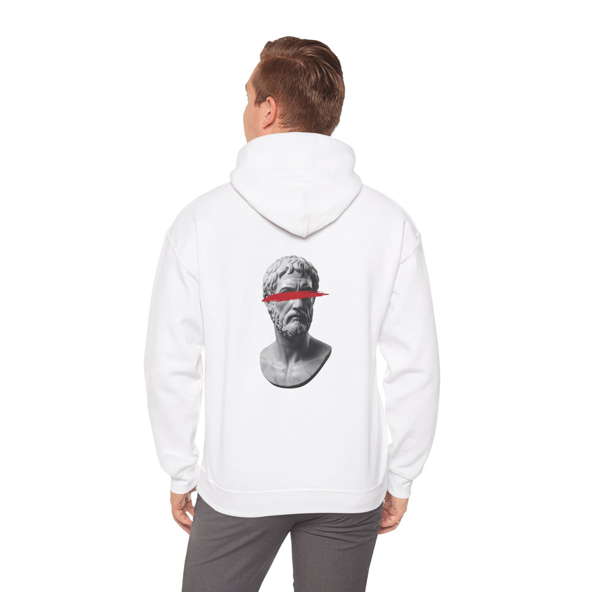 Classical marble bust struck by a red slash printed on the back of a heavyweight cotton-blend hoodie