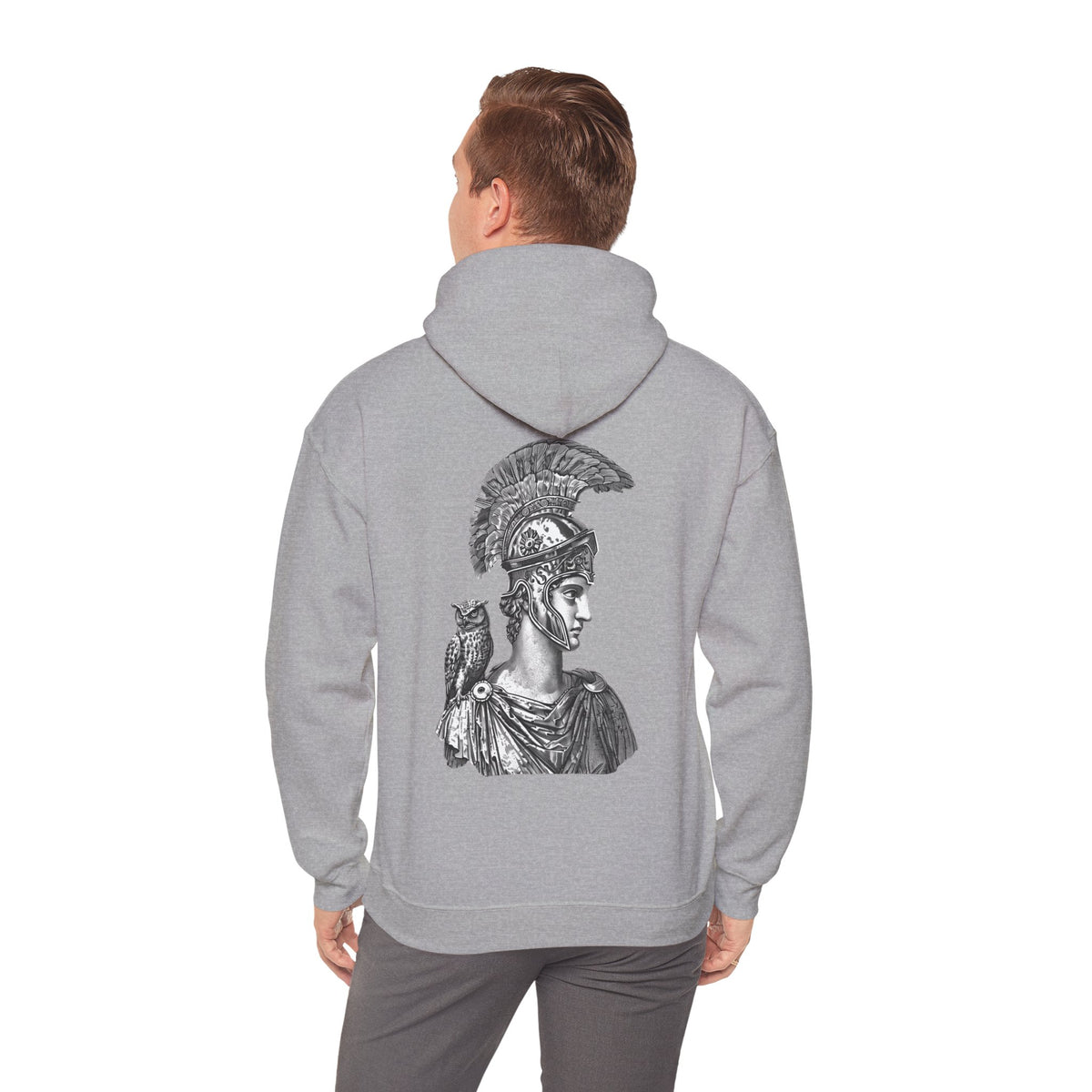 Athena Helmet Hoodie with Owl Illustration — Mythology Graphic Sweatshirt