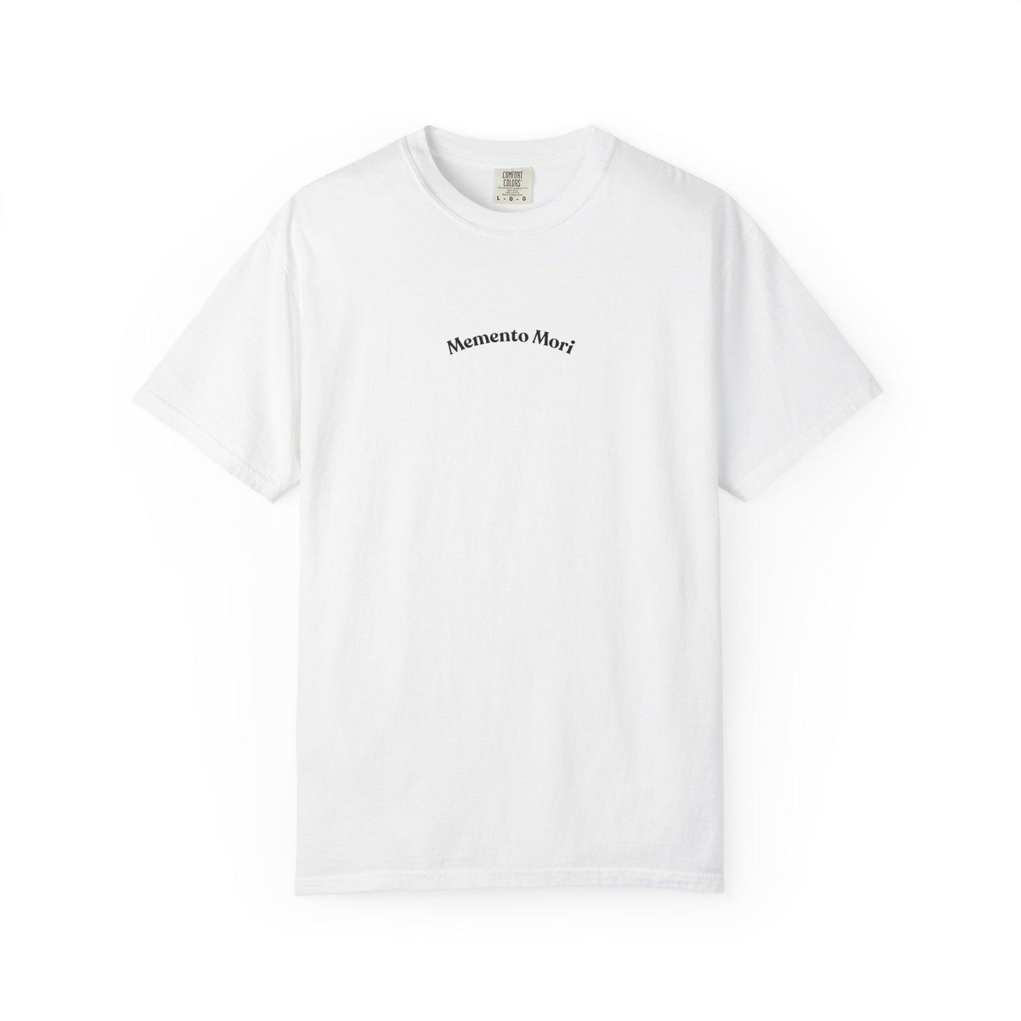 Skull crowned with roses printed on the back of a garment-dyed heavyweight cotton tee