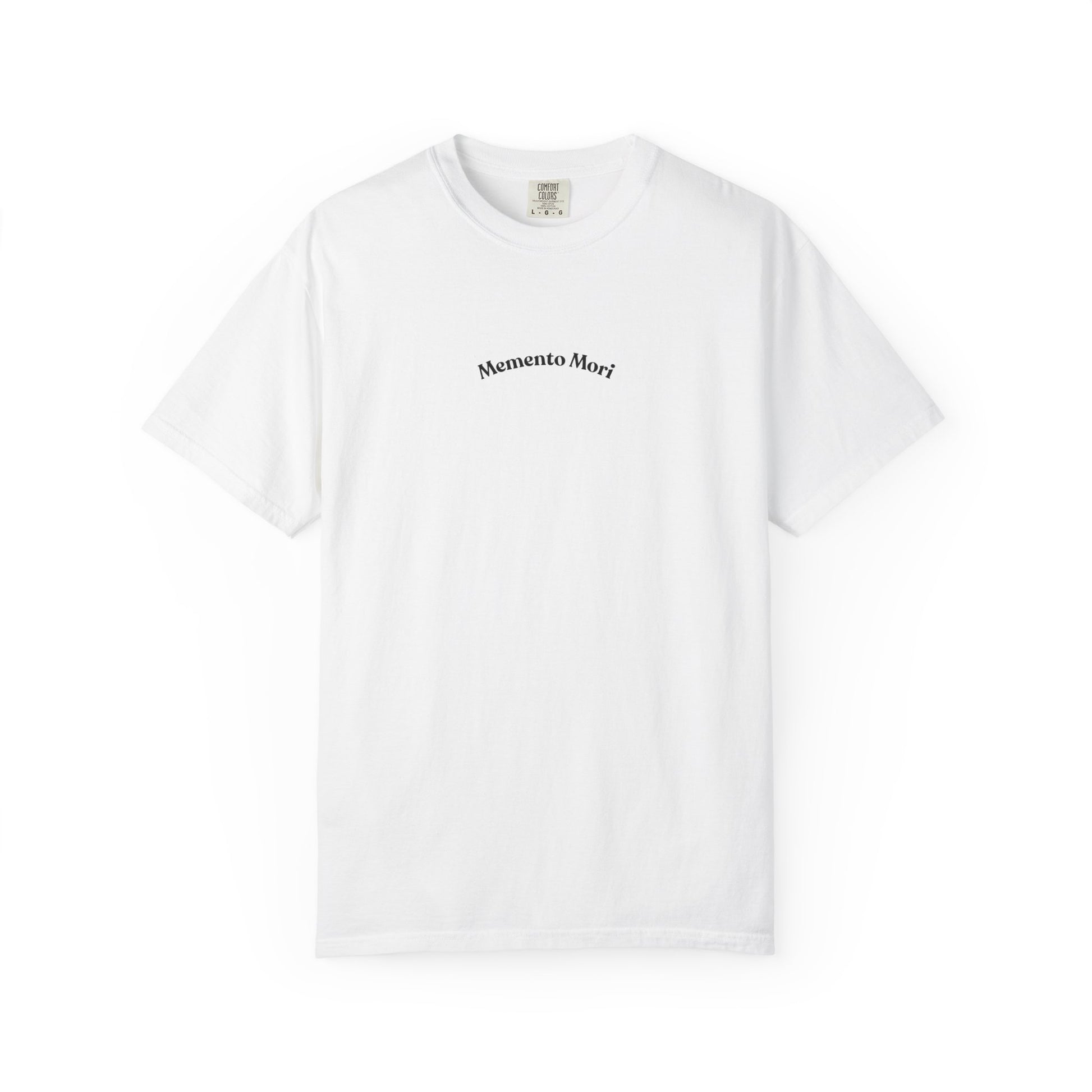 Skull crowned with roses printed on the back of a garment-dyed heavyweight cotton tee