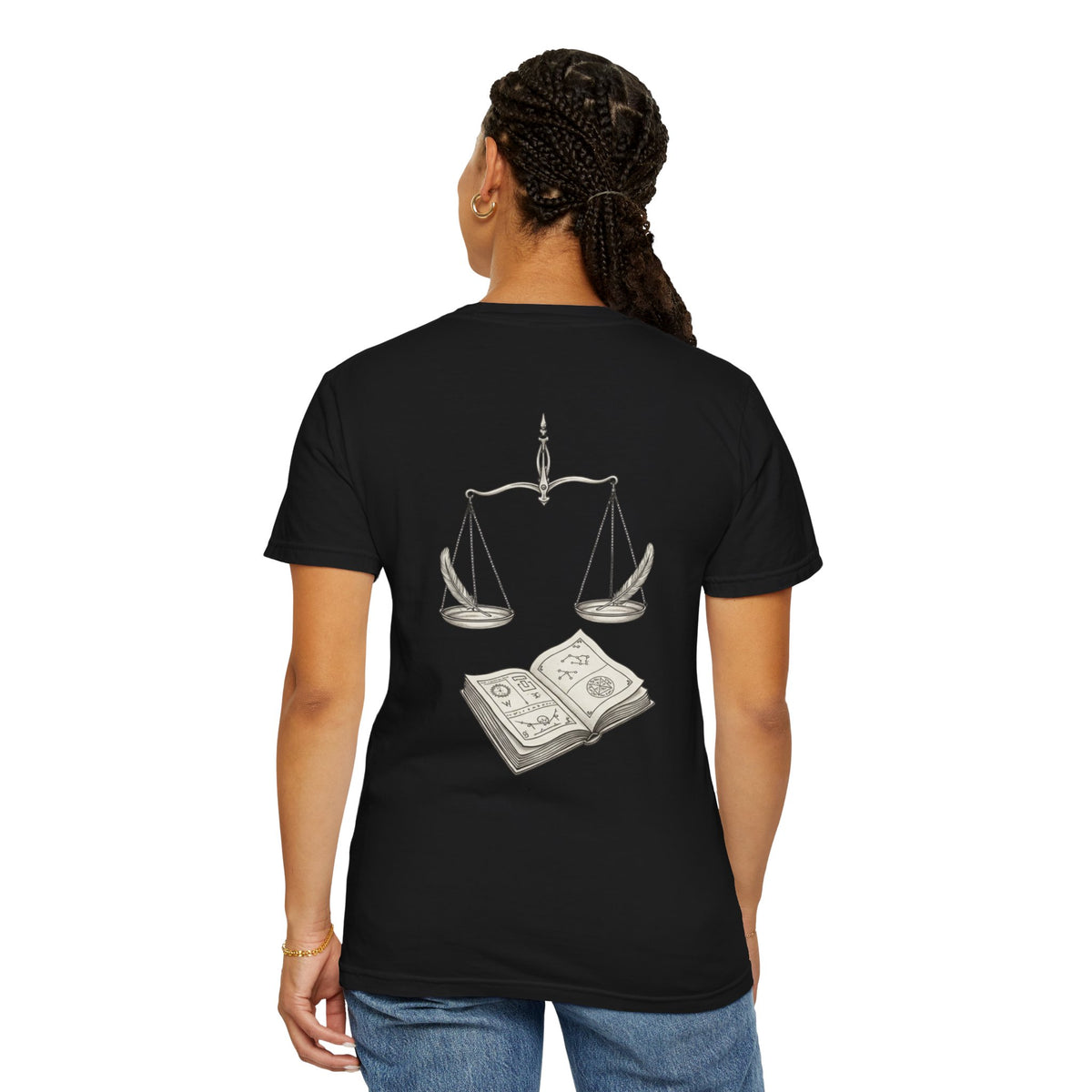 Libra Zodiac Tee — Scales and Book Astrology Graphic Shirt