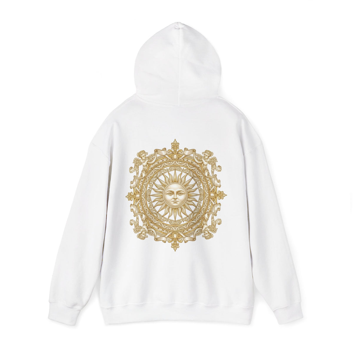 Antique-gold sun medallion printed on the back of a heavyweight cotton-blend hoodie