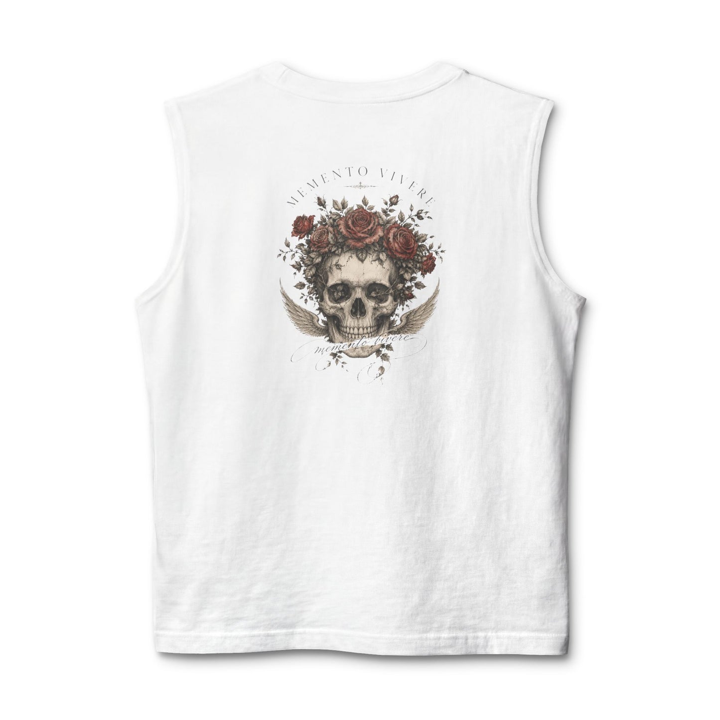 Distressed skull crowned with roses printed on the back of a ring-spun cotton tank top