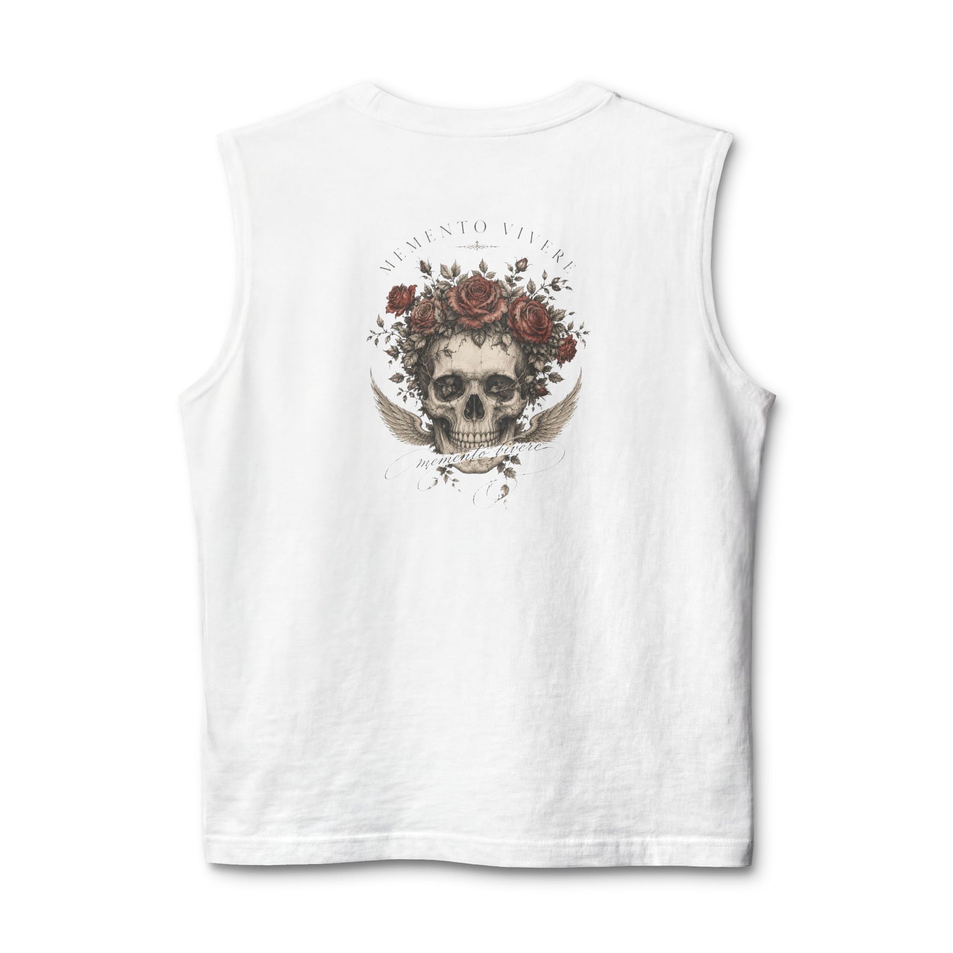 Distressed skull crowned with roses printed on the back of a ring-spun cotton tank top