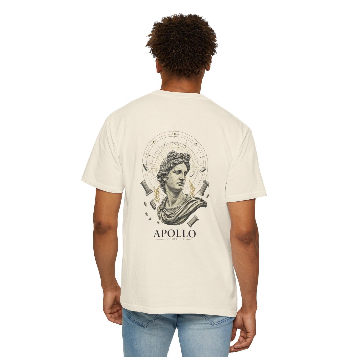 Sculpted Apollo bust with geometric stars on the back of a garment-dyed heavyweight cotton tee