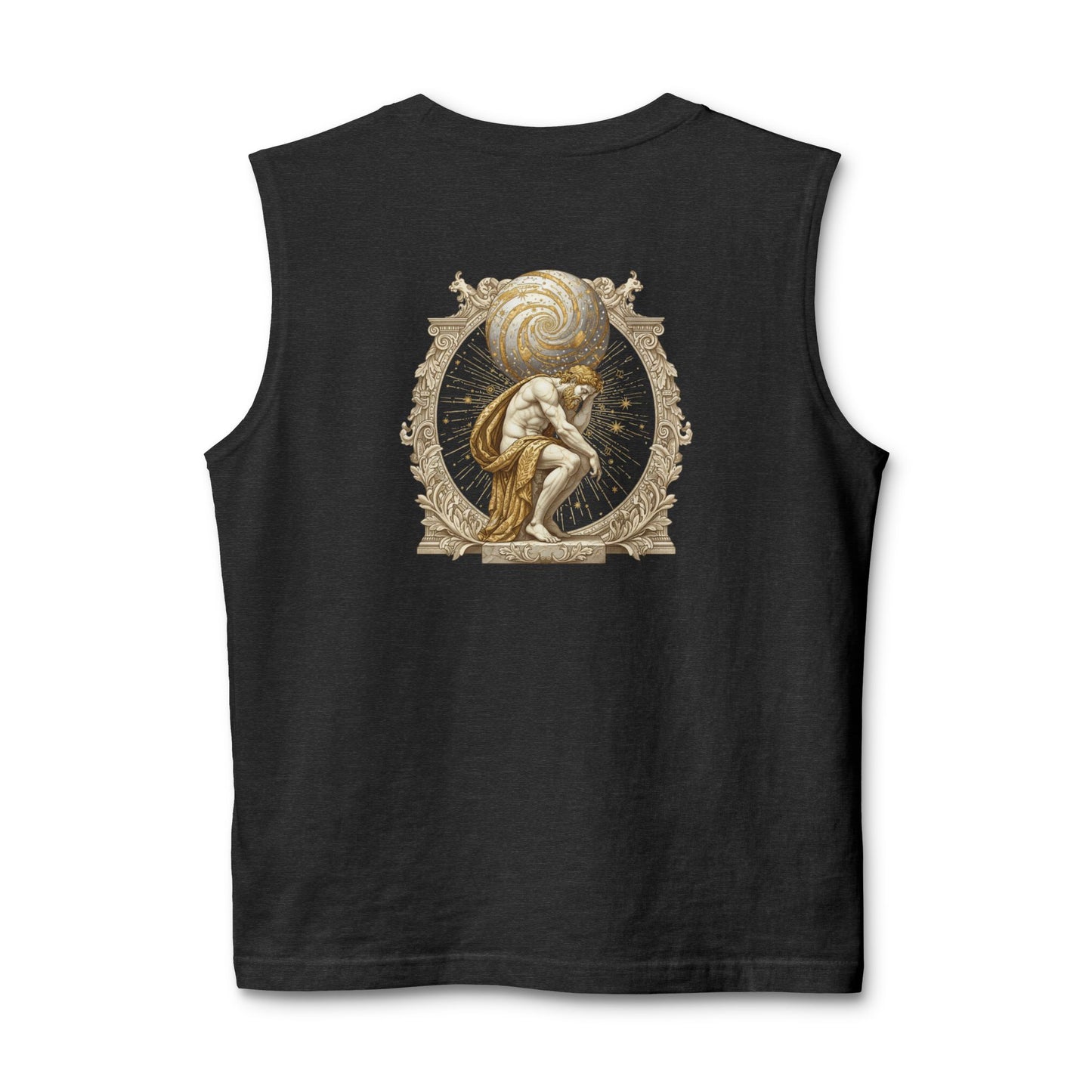Classical figure with a spiralled shell printed on the back of a ring-spun cotton tank top